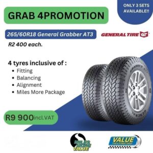 GRAB4PROM. GRAB 4PROMO - 4 X 265/60R18 GENERAL GRABBER AT3 + FITMENT AND ALIGNMENT (ONLINE ONLY)